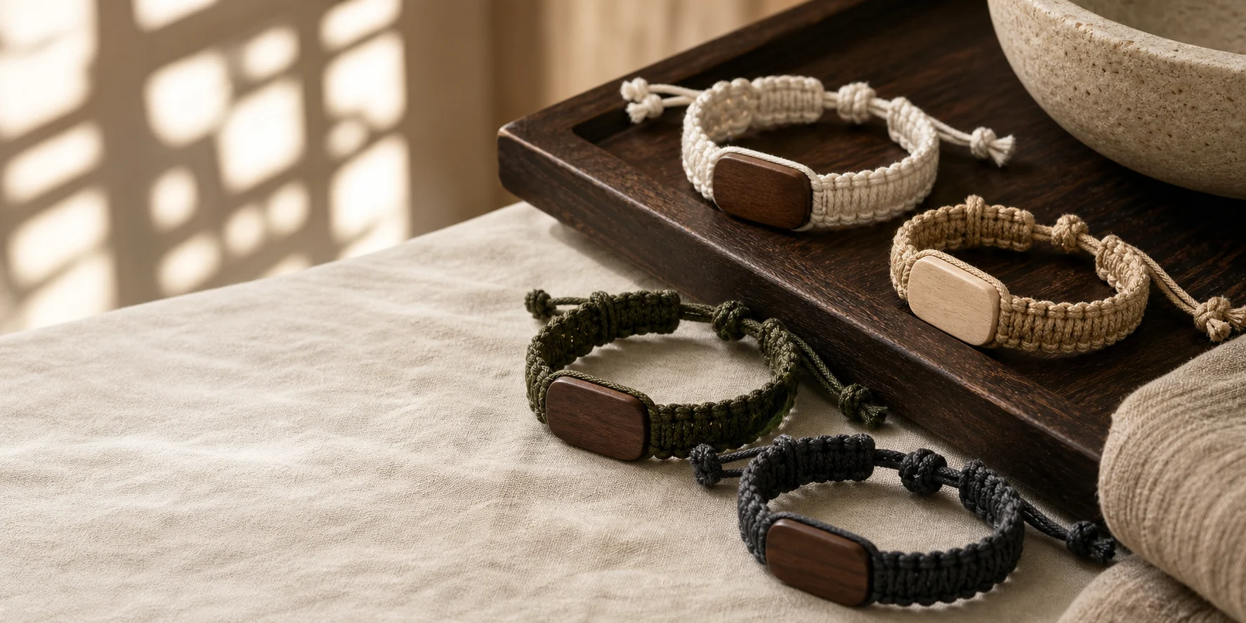 Cream sand olive and charcoal cotton RFID wristbands with slim wooden tags