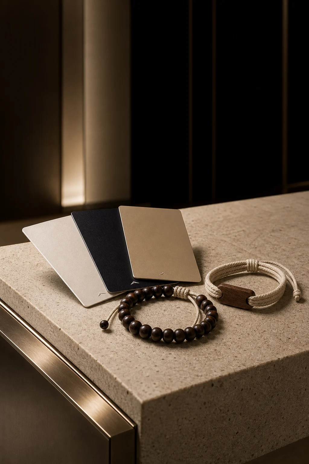 Luxury hotel key cards with natural beaded and cotton RFID wristbands