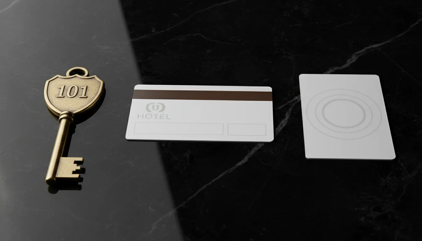 Timeline showing evolution from metal key to magnetic stripe to RFID card