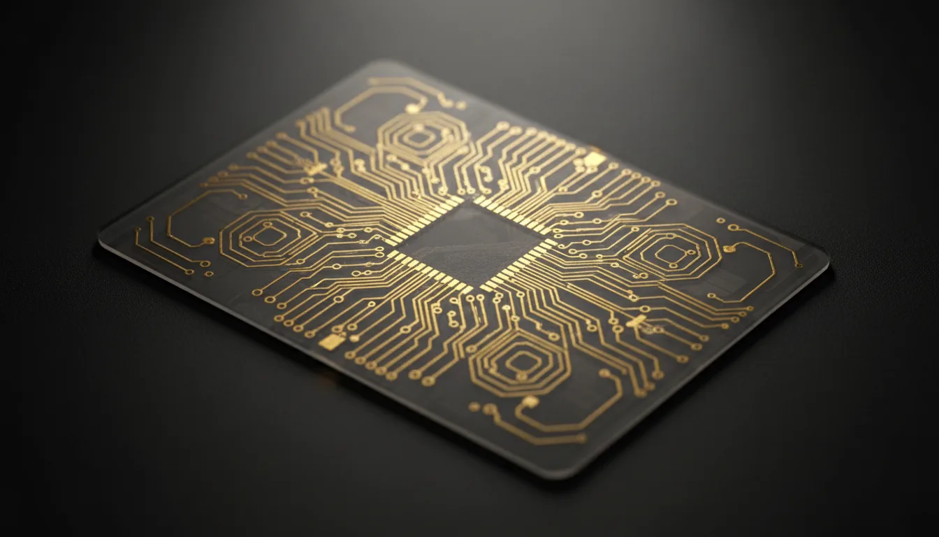Close-up of RFID keycard chip with circuit patterns