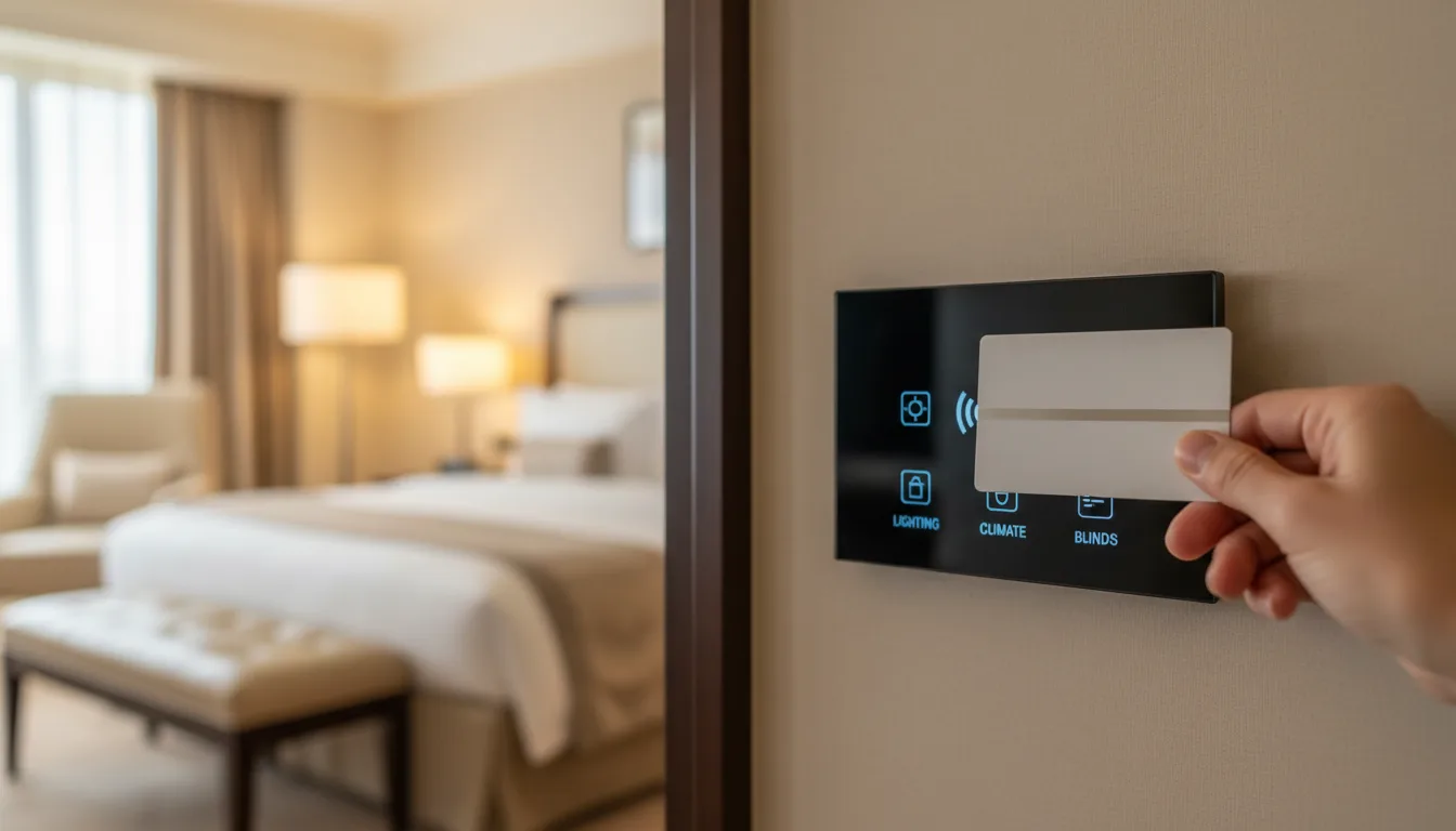 Guest tapping NFC card against smart room control panel