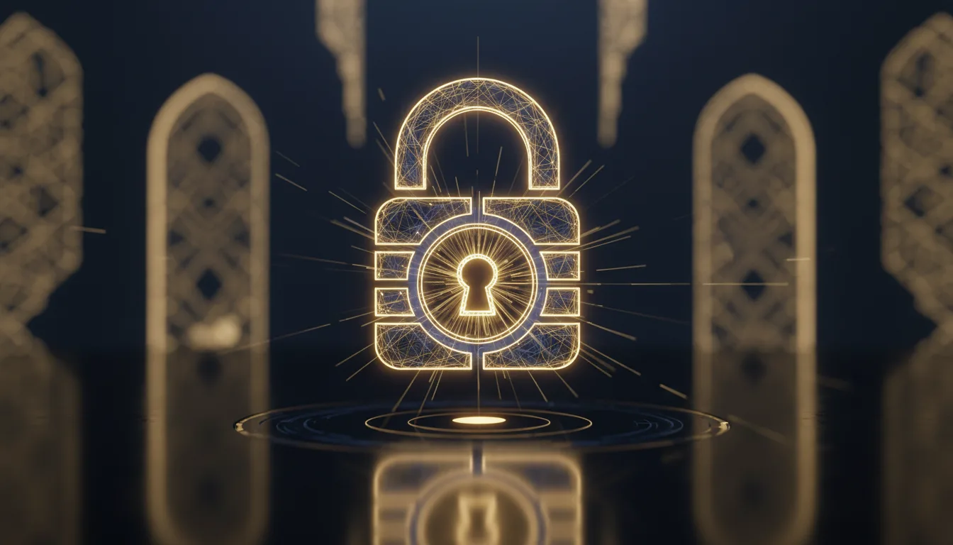 Digital padlock icon overlaid on Saudi Arabian architecture