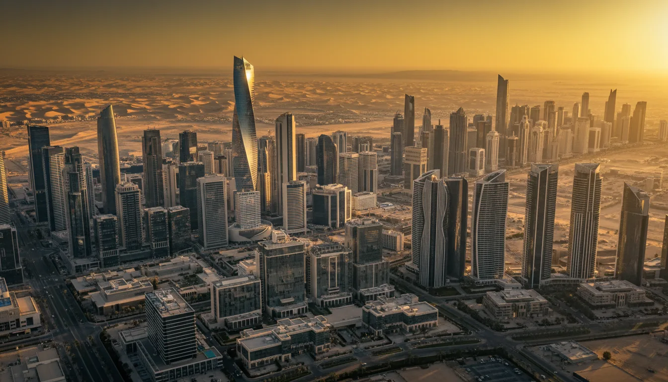 Aerial view of Saudi Arabian cityscape with modern hotels