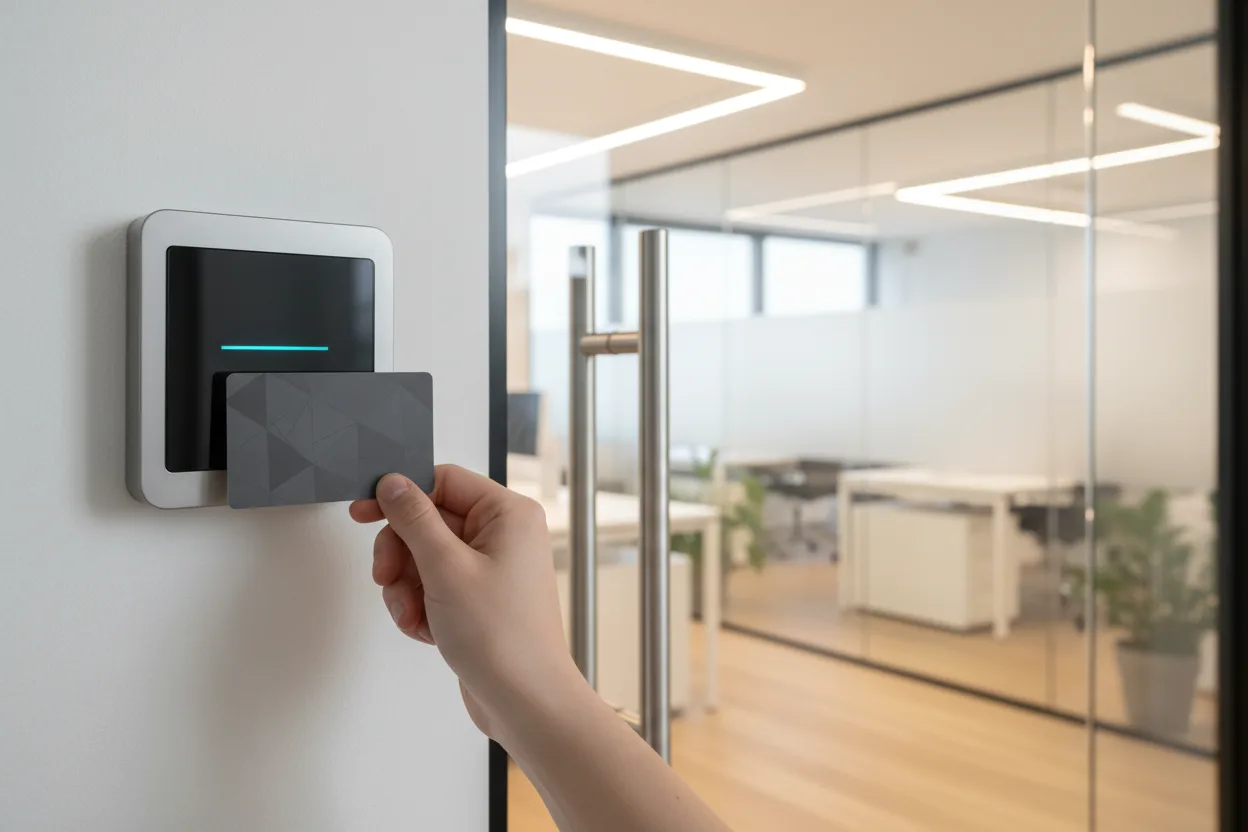 Access control card being used at a corporate office entry point