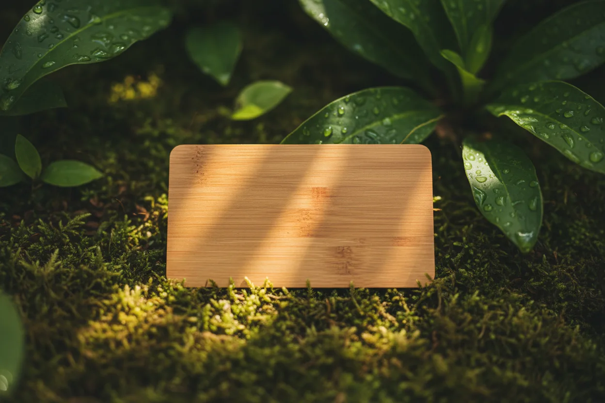 Eco-friendly keycards in a natural sustainability-focused setting