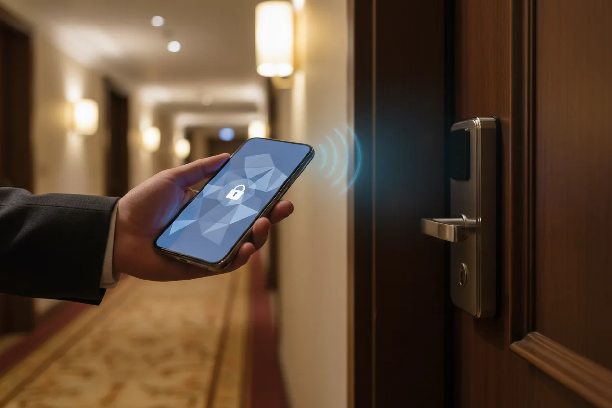 Smartphone interacting with NFC-enabled hotel technology
